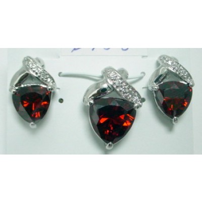 Sterling Silver Set Trillion Garnet Cubic Zirconia with 1/2 Clear Cubic Zirconia 'X' Top