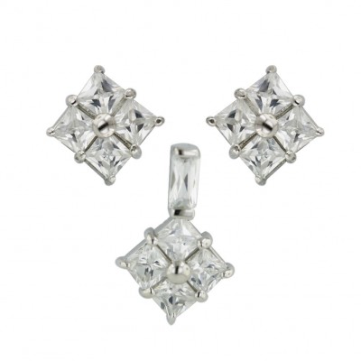 Sterling Silver Set Clear Cubic Zirconia Princess Cut Square