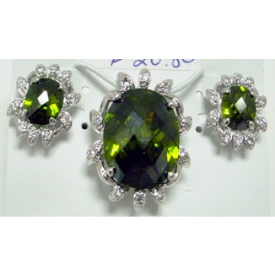 Sterling Silver Set Olivine Cubic Zirconia Chess Cut Oval with Clear Cubic Zirconia Lead Si
