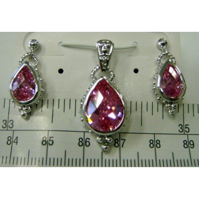 Sterling Silver Set Pink Cubic Zirconia Chess Cut Tear Drop with Small Ball+Rope