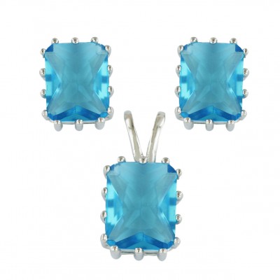 Sterling Silver Set 10X8mm Light Blue Glass Rectangular with 14 Prongs