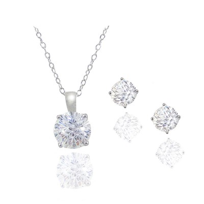 Sterling Silver Pendant (8mm) +Earg (6mm) Round Flower Cut Clear Cubic Zirconia