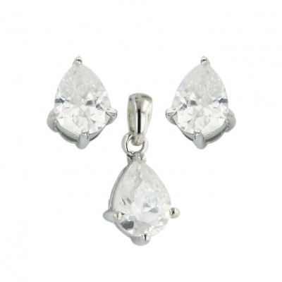 Sterling Silver Set Clear Cubic Zirconia Tear Drop 9X6mm