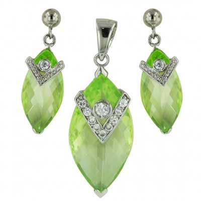 Sterling Silver Set Marquis Chess Cut Light Peridot Cubic Zirconia with 'V' Sha