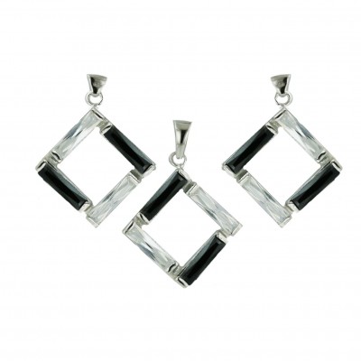 Sterling Silver Set Frame Black+Clear Cubic Zirconia
