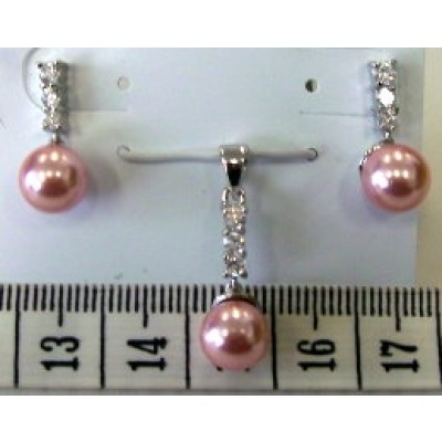 Sterling Silver Set 3Pcs Clear Cubic Zirconia Top+Pink Faux Pearl Dangle