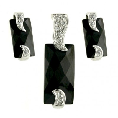 Sterling Silver Set Rectangular Black Cubic Zirconia with Wavy Clear Cubic Zirconia Top+Bottom