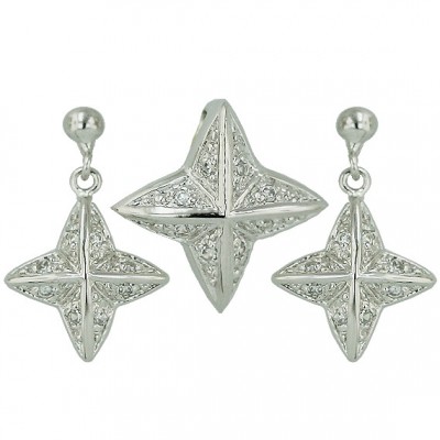 Sterling Silver Set Clear Cubic Zirconia Star Dangle