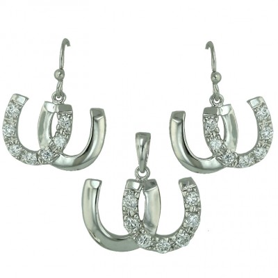 Sterling Silver Set Silver+Clear Cubic Zirconia Horseshoe