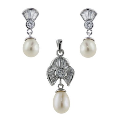 Sterling Silver Set Cubic Zirconia Baguette Top+Fresh Water Pearl