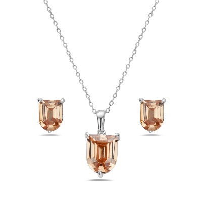 Sterling Silver Pendant (L=10mm) +Earg (L=8mm) Sets Shield Champagne Cubic Zirconia--E-coated