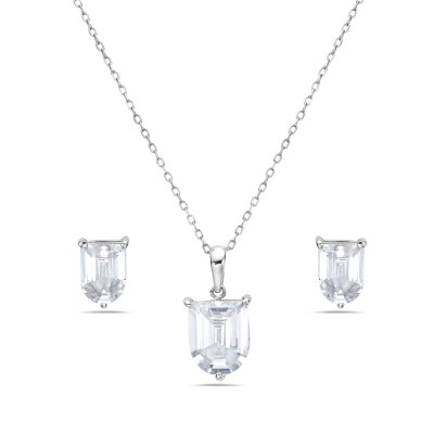 Sterling Silver Pendant (L=10mm) +Earg (L=8mm) Sets Shield Clear Cubic Zirconia--E