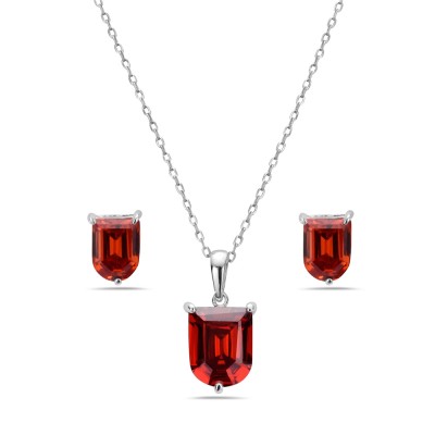 Sterling Silver Pendant (L=10mm) +Earg (L=8mm) Sets Shield Garnet Cubic Zirconia--E-coated