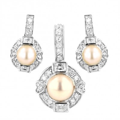 Sterling Silver Set Peach Fresh Water Pearl Clear Cubic Zirconia Surrounded with Heart+Rectangular.