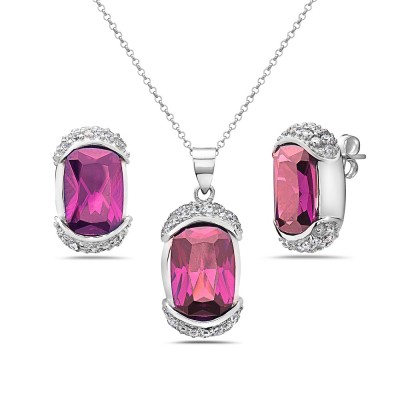 Sterling Silver Pendant 21X11mm+Earring 16X9mm Pink Cubic Zirconia Oval with Clear Cubic Zirconia Top