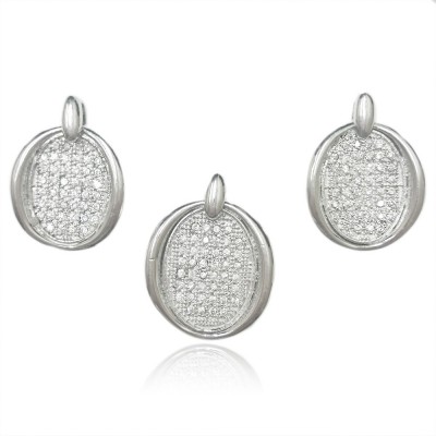 Sterling Silver Pendant 21.5mm+Earring 19.5mm Clear Cubic Zirconia Oval with Plain Ext