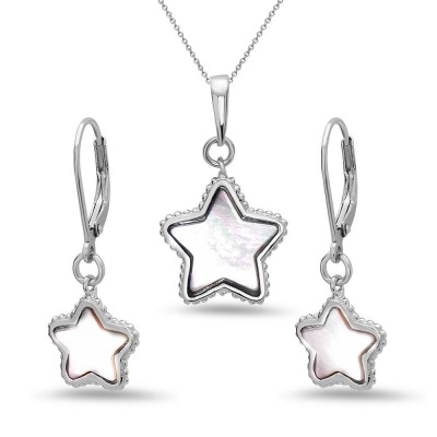 Sterling Silver Pendant+Earring White Mother of Pearl Star--Rhodium Plating/Nickle Free--