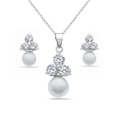 Sterling Silver Pendant 9mm+Earring 6mm White Faux Pearl with Clear Cubic Zirconia Top