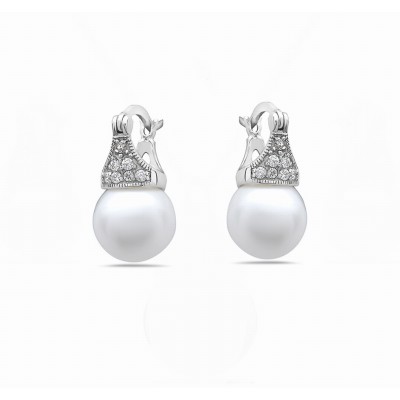 Sterling Silver Earring 10mm White Latch Glass Pearl with Cubic Zirconia