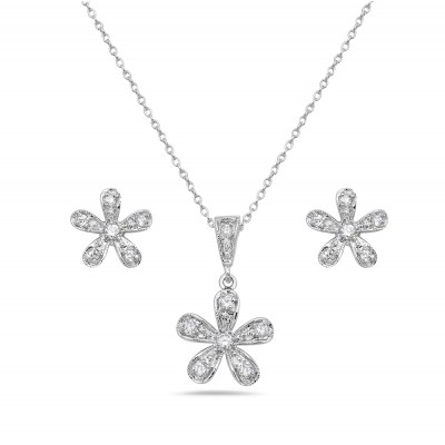Sterling Silver Set Flower with Clear Cubic Zirconia