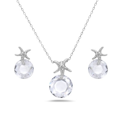 Sterling Silver Set 13+11mm Rd Clear Cubic Zirconia Paved Starfish Top