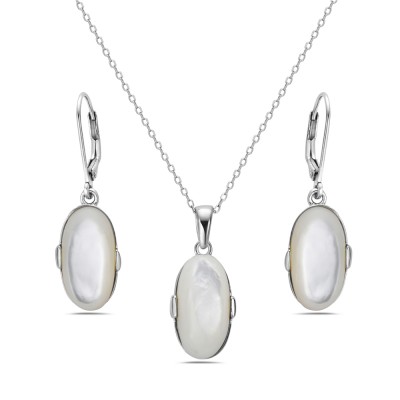 Sterling Silver Set Oval Mother of Pearl Earring and Pendant