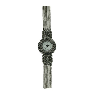 Sterling Silver Watch Rd Face Leaf Pattern Multicolor-Strand Strap