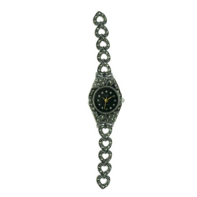 Sterling Silver Watch Round Black Face Marcasite Heart Band
