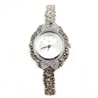 Marcasite Watch Rd White Face Open Heart Link Strap