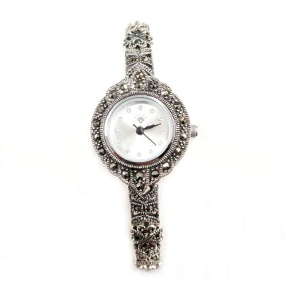 Marcasite Watch Rd White Face 4Leaf Clover Link Strap