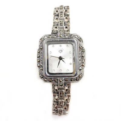 Marcasite Watch Rectangle White Face Rectangular Link Strap