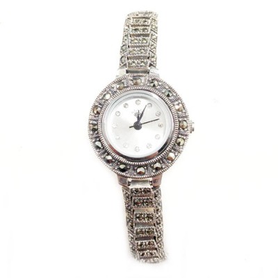 Marcasite Watch Whte Rd Face Railroad Track Strap