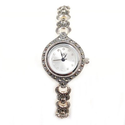 Marcasite Watch Whte Rd Face Open Moon on Strap