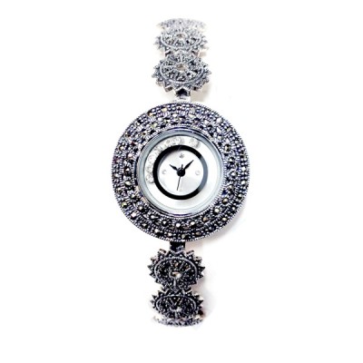 Marcasite Watch Rd Face with 6 Moving Clear Cubic Zirconia Rd Spikey Link
