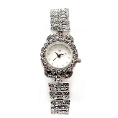 Marcasite Watch Rectangular & Rd Link with Round Face
