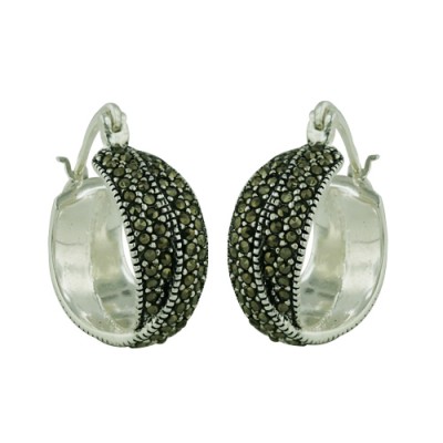 Brass Earring Crossing Rows Of Marcasite