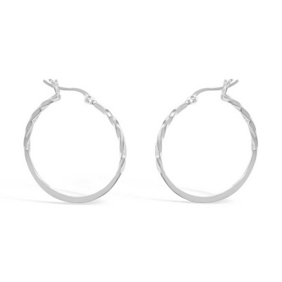Sterling Silver Earrings 28mm Plain Round Twisted Half Way