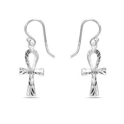 Sterling Silver Earring Plain Ankh with Diamond Cut