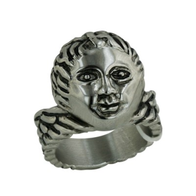 Stainless Steel Ring Boy Head Oxidized W/Rope