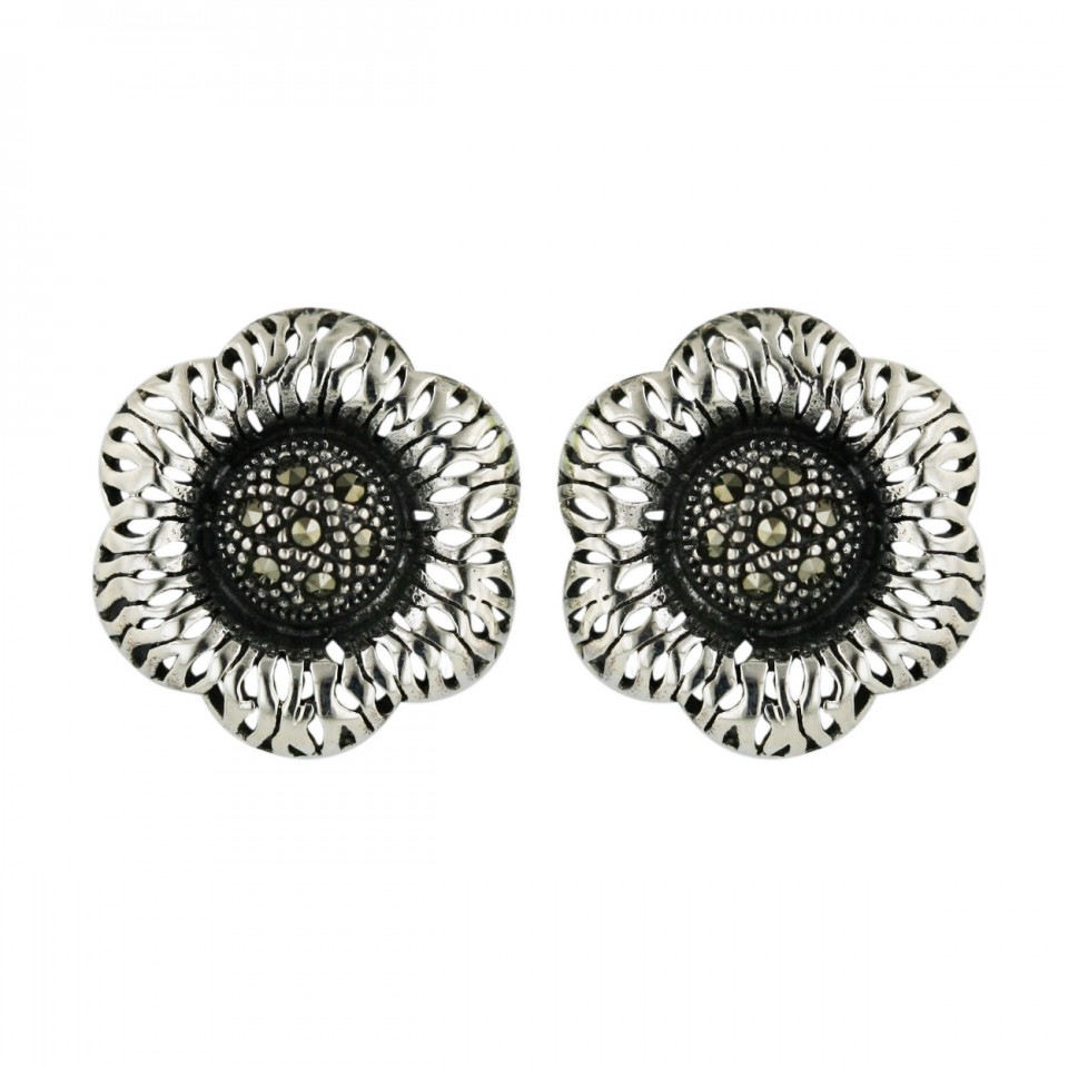 Marcasite Earring 20mm Pave Marcasite Dome Ctr with Lines Petals