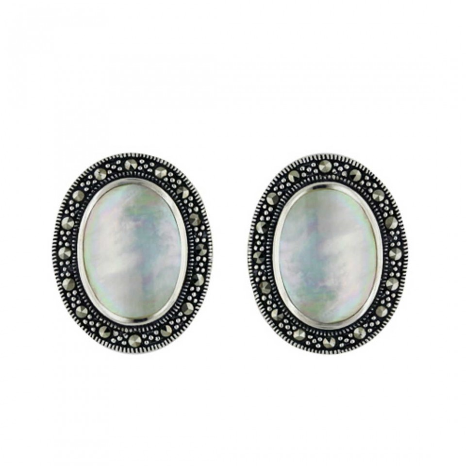 Marcasite Earring 12X17mm Mother of Pearl Center Marcasite Surround