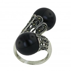 Marcasite Ring Oppositive 12mm Real Onxy Ball with Marcasite Open Rhombus
