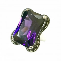 Marcasite Ring 23X16mm Rectangular Amethyst Cubic Zirconia with Marcasite Lines