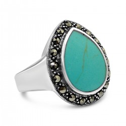 Marcasite Ring Reconstituent Turquoise Teardrop Cabochon with Marcasite Around