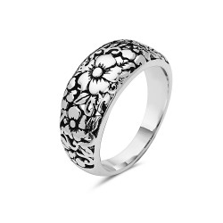 Sterling Silver RING PLAIN BAND OXIDIZED RELIEF FLOWERS