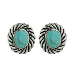 Brass Earring Faux Turquoise Center with Oxidized Rope Oval