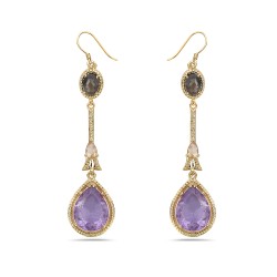 BRONZE EARRING LONG DANGLE GENUINE AMETHYST TEAR DROP AND SMOKEY QUARTZ ROUND