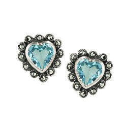 Marcasite Earring Blue Topaz Cubic Zirconia Heart 9X9