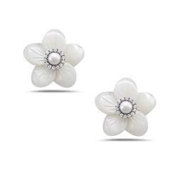 Sterling Silver EARRING FLOWER MOTHER OF PEARL WITH FAUX PEARL