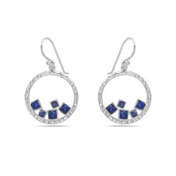 Sterling Silver EARRING OPEN CIRCLE WITH 5 GENUINE LAPIS SQUAR